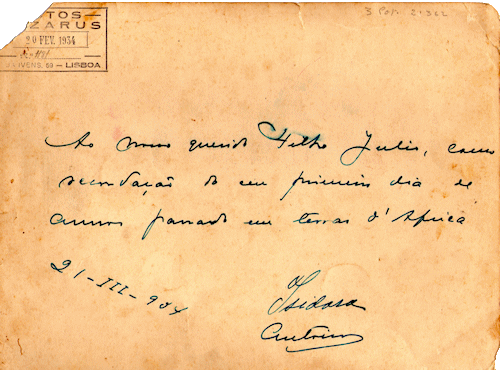 Dedicatria de Antnio Muller Belard e D. Isidora da Mouta e Vasconcelos ao filho mais novo, Jlio Csar, 21/3/1934